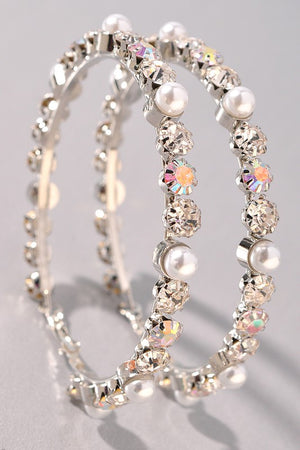 Pearl & Rhinestone Hoop Earrings - Silver